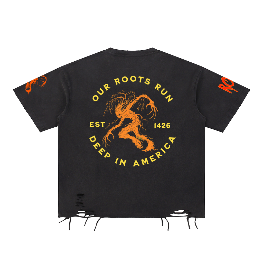 Roots Run Deep Orange Snow Washed Raw-Hem T-Shirt