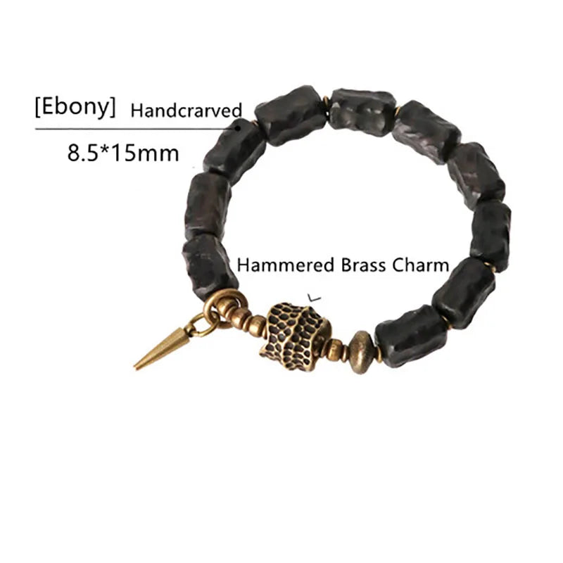 FBA Handcarved Ebony Bead Punk Rock Bracelet | Brass Charm Jewelry
