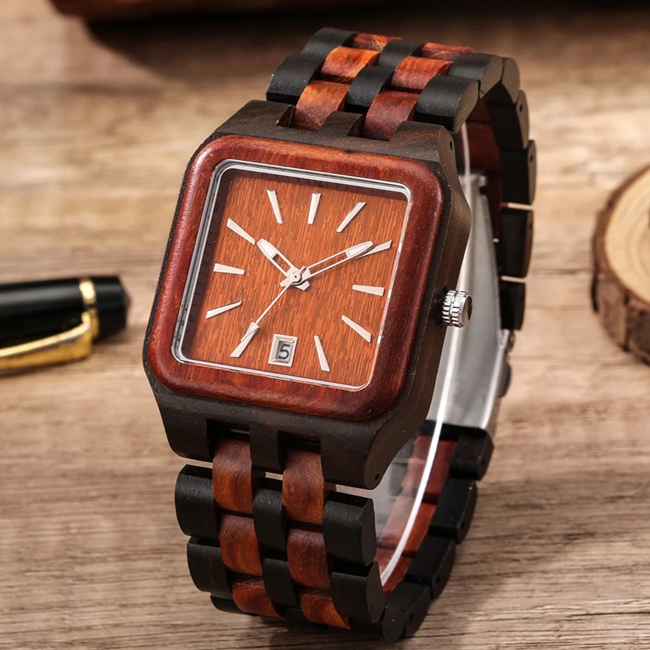FBA Men's Retro Rectangle Wood Watch | Calendar Date Quartz Wristwatch