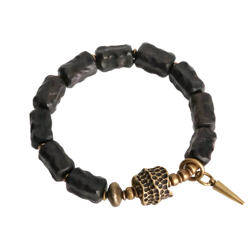 FBA Handcarved Ebony Bead Punk Rock Bracelet | Brass Charm Jewelry