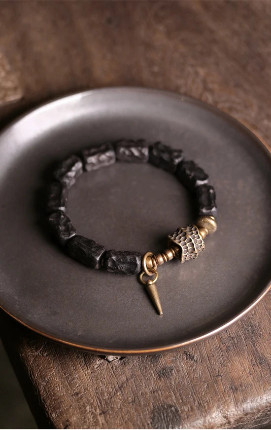 FBA Handcarved Ebony Bead Punk Rock Bracelet | Brass Charm Jewelry