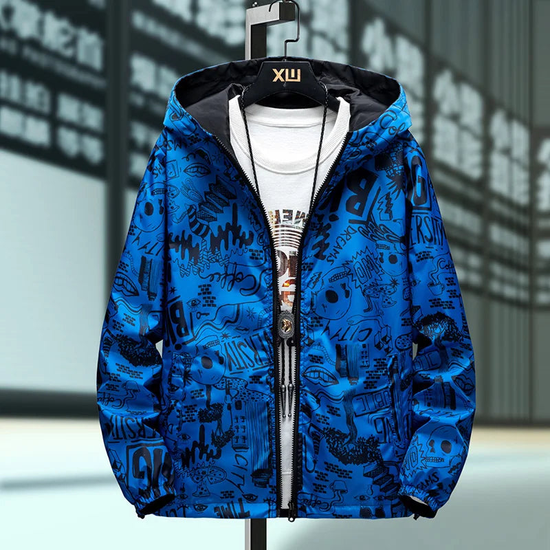Men's Graffiti Print Reversible Windbreaker Jacket – Streetwear Hoodie | 4 Colors | M–5XL | FBA Vibes