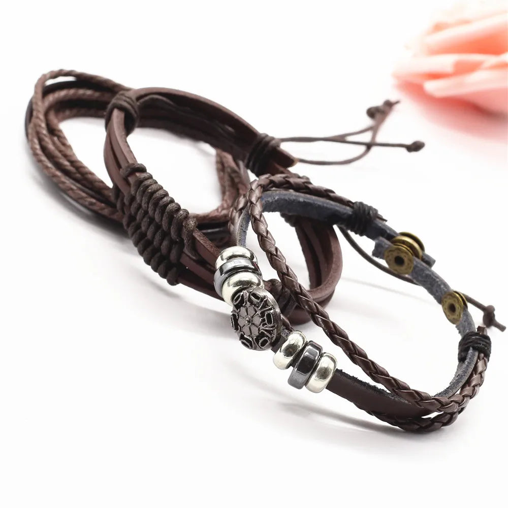 FBA 3-Piece Leather Wood Bead Feather Charm Bracelet | Boho Jewelry