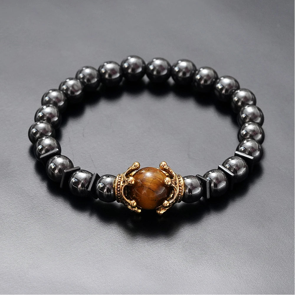 FBA Tiger Eye Stone Crown Charm Bracelet for Men | Luxury Jewelry