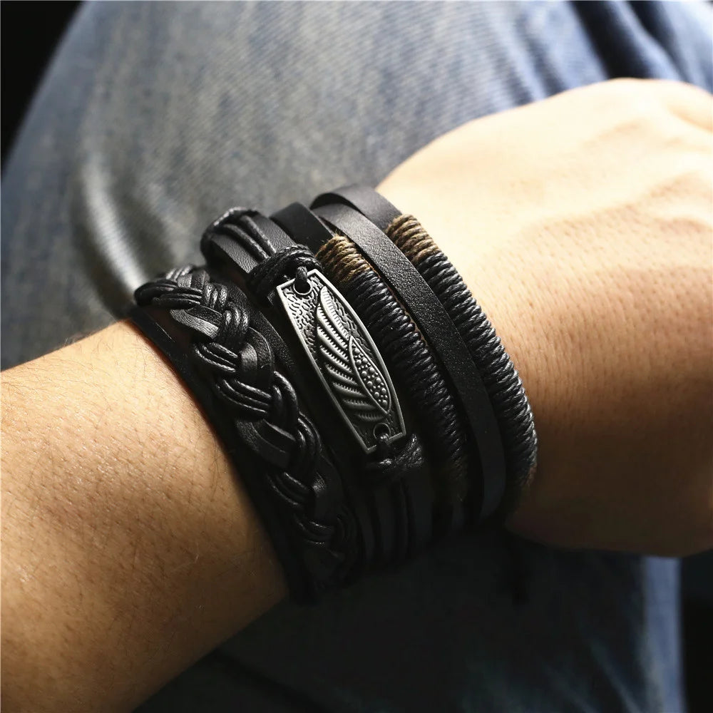 FBA 3-Piece Leather Wood Bead Feather Charm Bracelet | Boho Jewelry