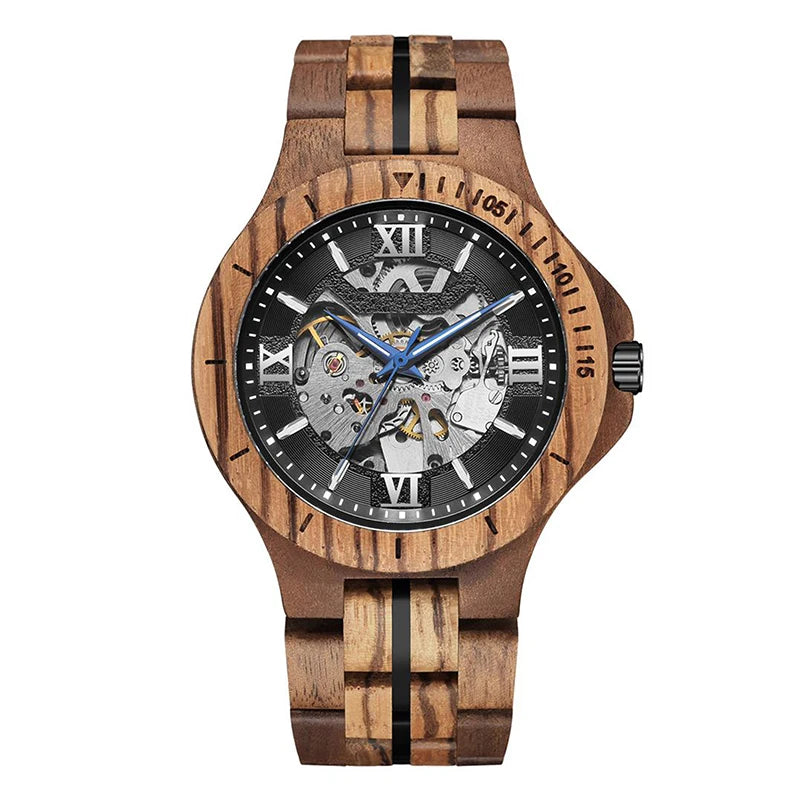 FBA Men's Skeleton Mechanical Wood Watch | Automatic Luxury Wooden Wristwatch