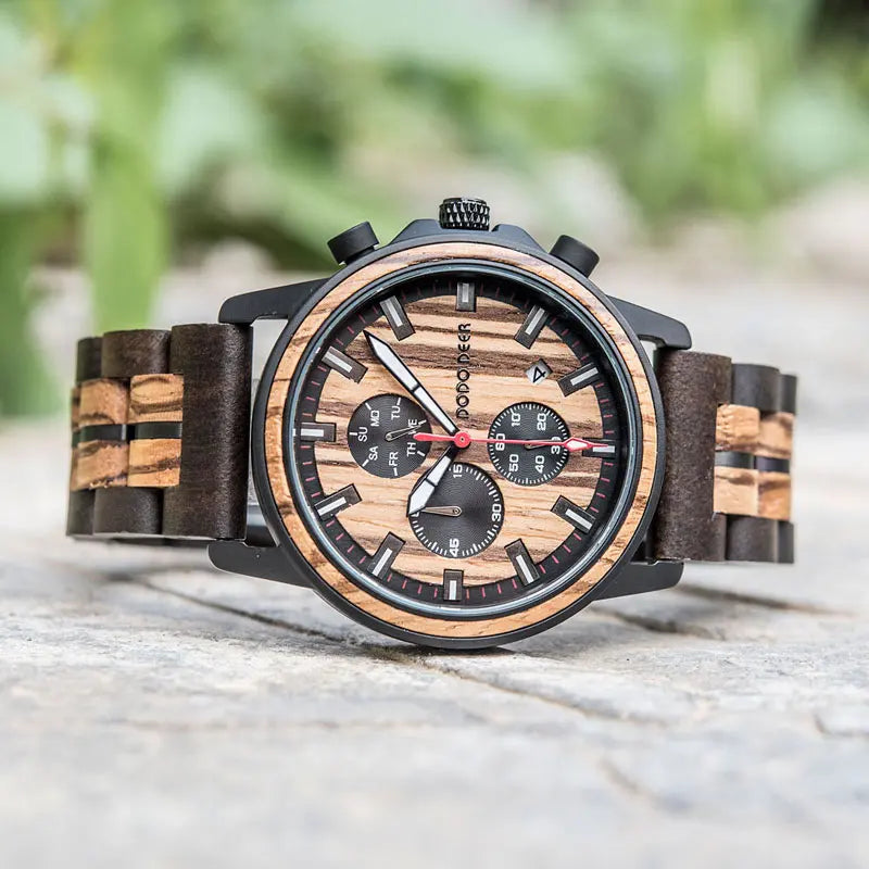 FBA Men's DODO DEER Chronograph Wood Watch | Stopwatch Date Quartz Wristwatch