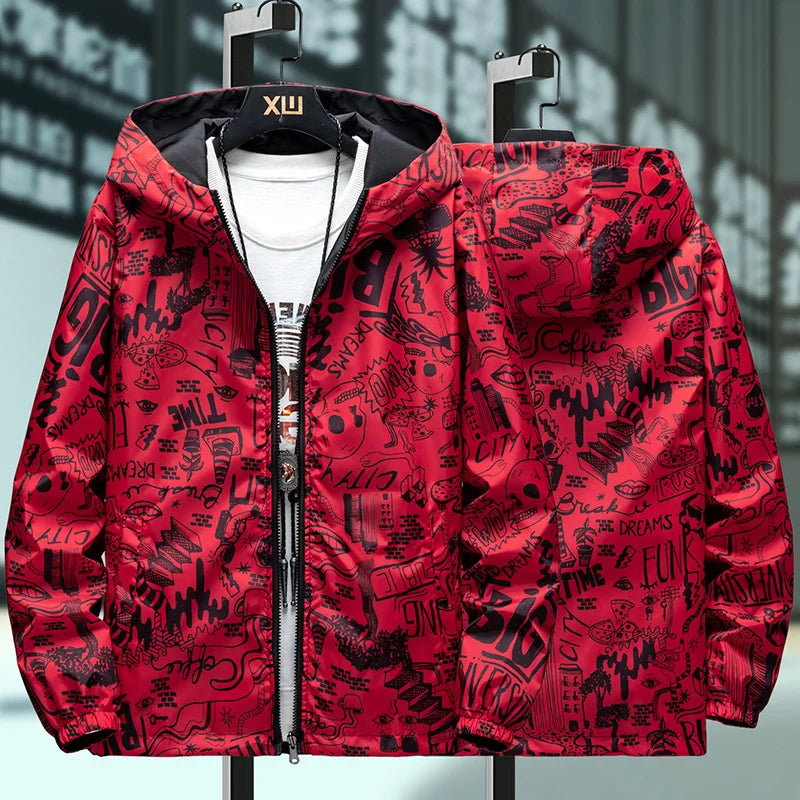 Men's Graffiti Print Reversible Windbreaker Jacket – Streetwear Hoodie | 4 Colors | M–5XL | FBA Vibes