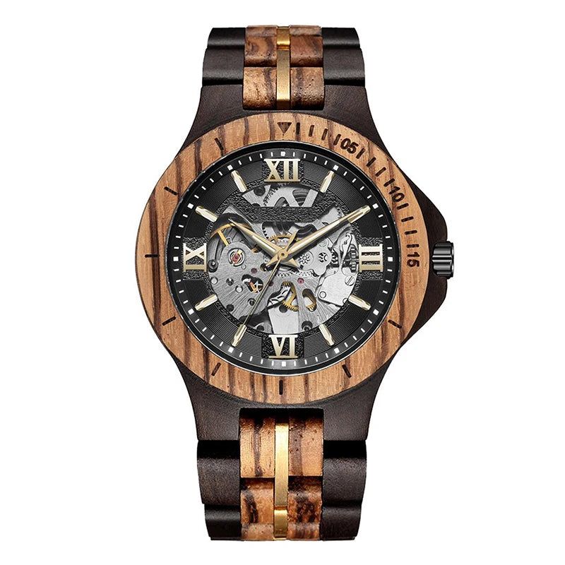 FBA Men's Skeleton Mechanical Wood Watch | Automatic Luxury Wooden Wristwatch