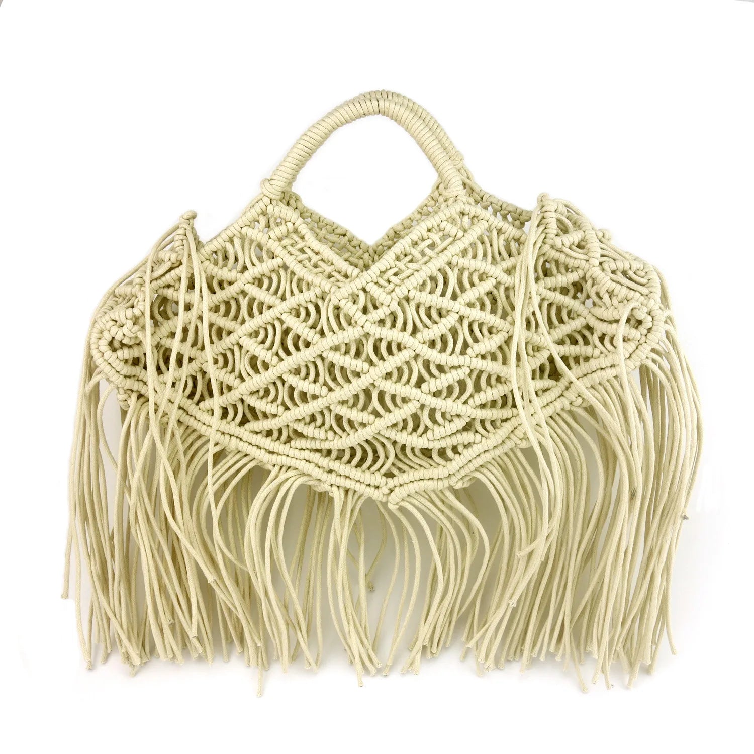 Bohemian Tassel Fishnet Tote Bag – Hollow Rope Woven Beach Handbag for Women