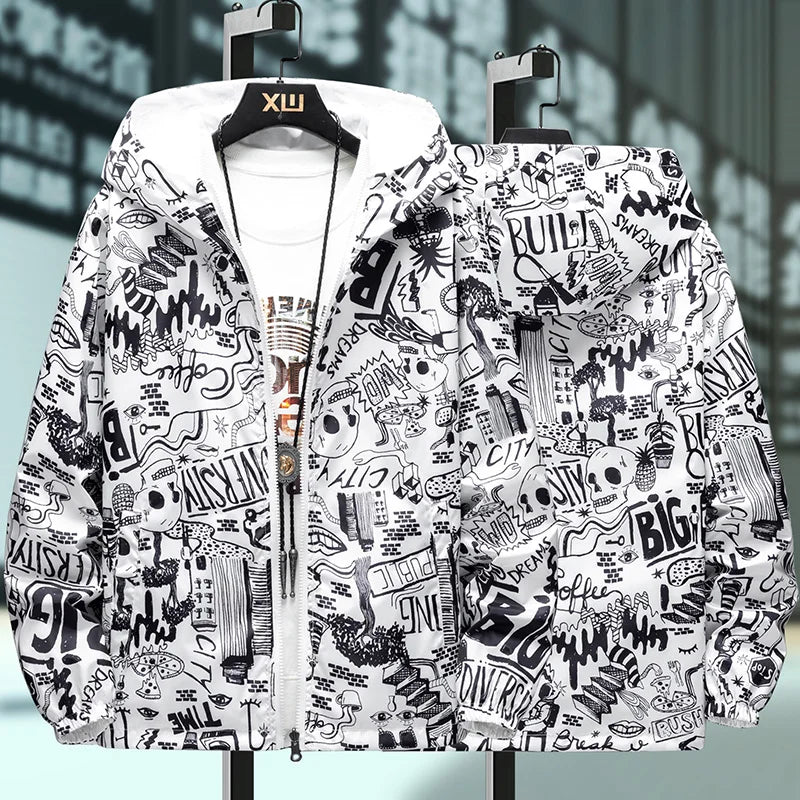 Men's Graffiti Print Reversible Windbreaker Jacket – Streetwear Hoodie | 4 Colors | M–5XL | FBA Vibes