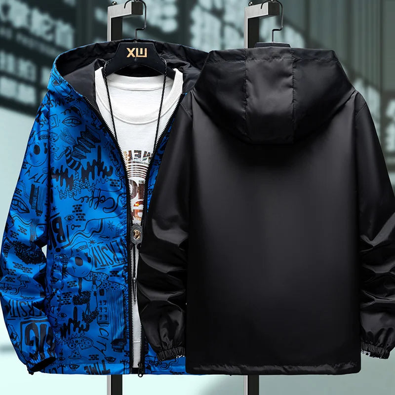 Men's Graffiti Print Reversible Windbreaker Jacket – Streetwear Hoodie | 4 Colors | M–5XL | FBA Vibes