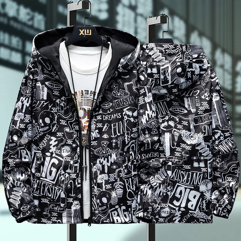 Men's Graffiti Print Reversible Windbreaker Jacket – Streetwear Hoodie | 4 Colors | M–5XL | FBA Vibes