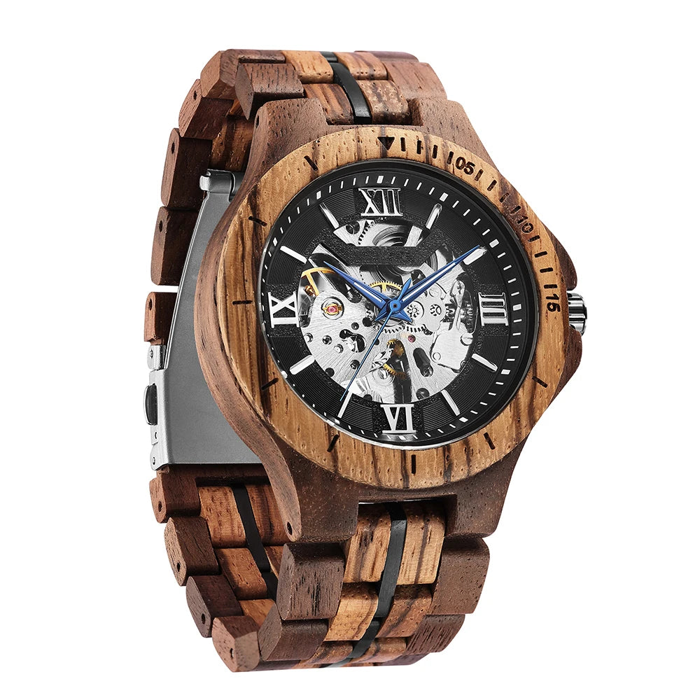 FBA Men's Skeleton Mechanical Wood Watch | Automatic Luxury Wooden Wristwatch