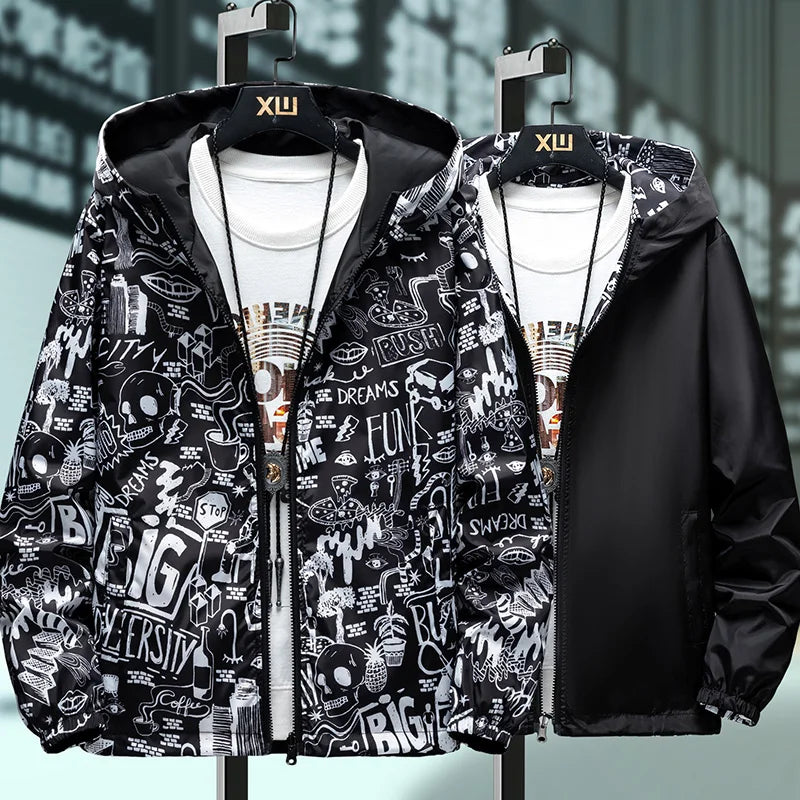 Men's Graffiti Print Reversible Windbreaker Jacket – Streetwear Hoodie | 4 Colors | M–5XL | FBA Vibes