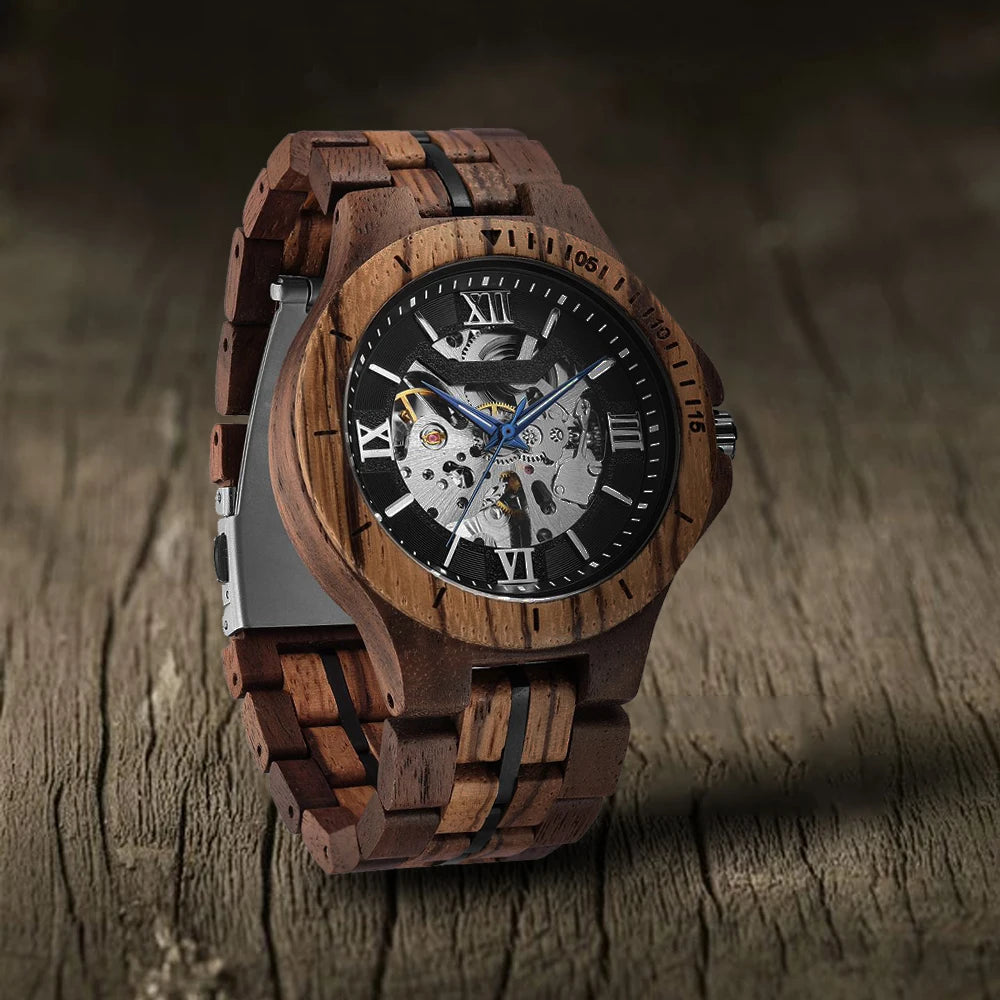 FBA Men's Skeleton Mechanical Wood Watch | Automatic Luxury Wooden Wristwatch