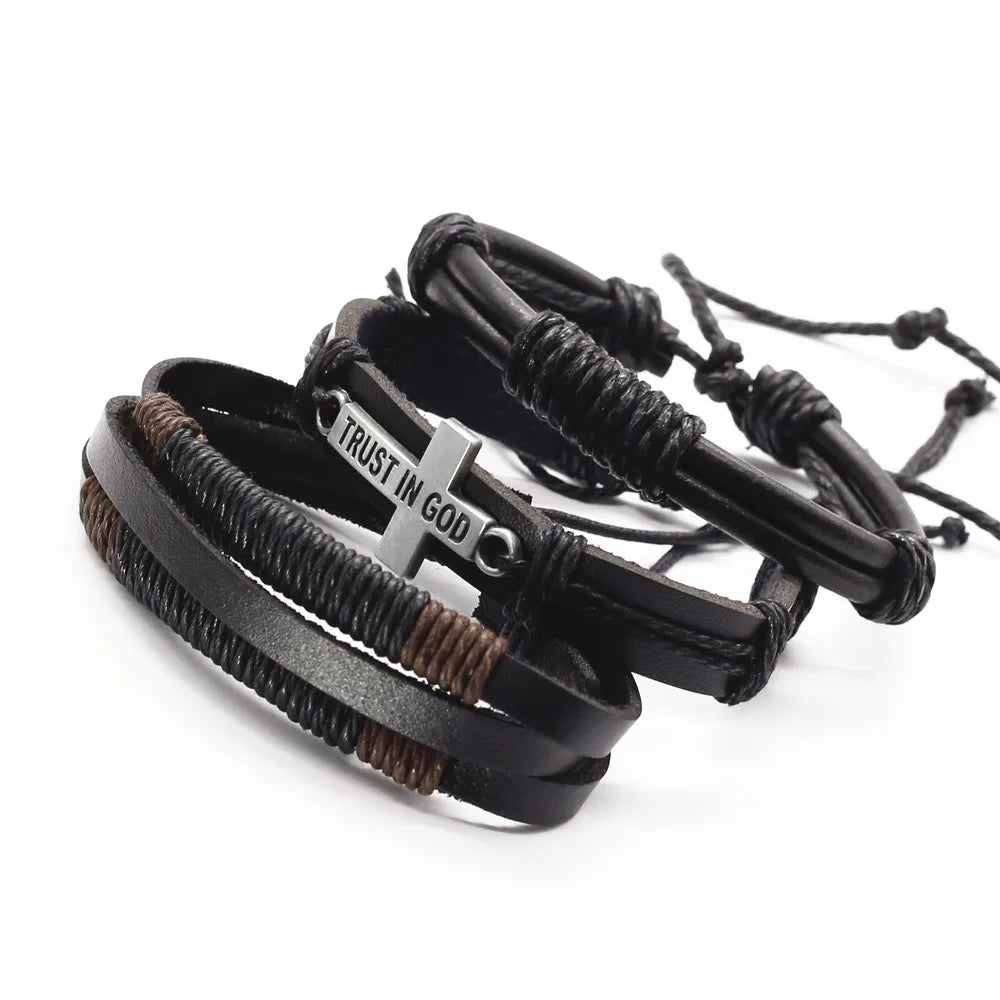FBA 3-Piece Leather Wood Bead Feather Charm Bracelet | Boho Jewelry