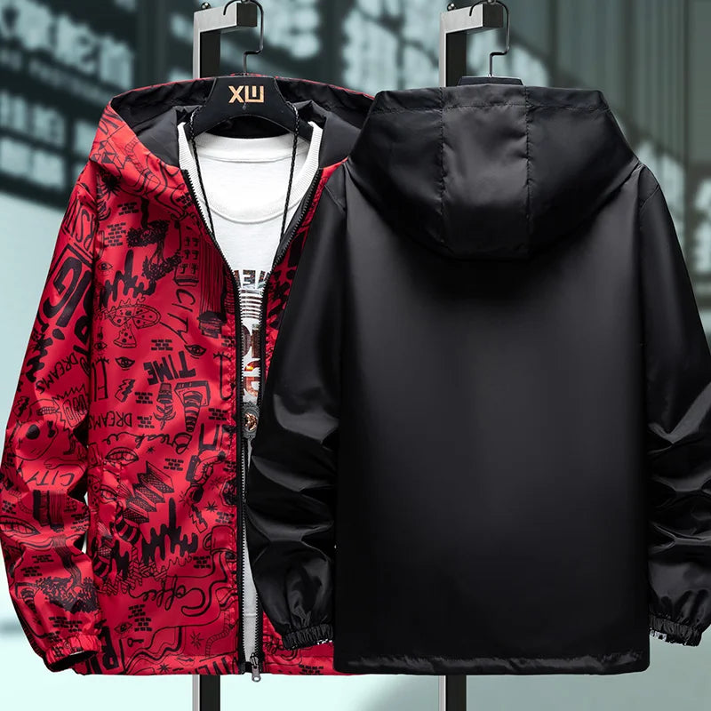 Men's Graffiti Print Reversible Windbreaker Jacket – Streetwear Hoodie | 4 Colors | M–5XL | FBA Vibes