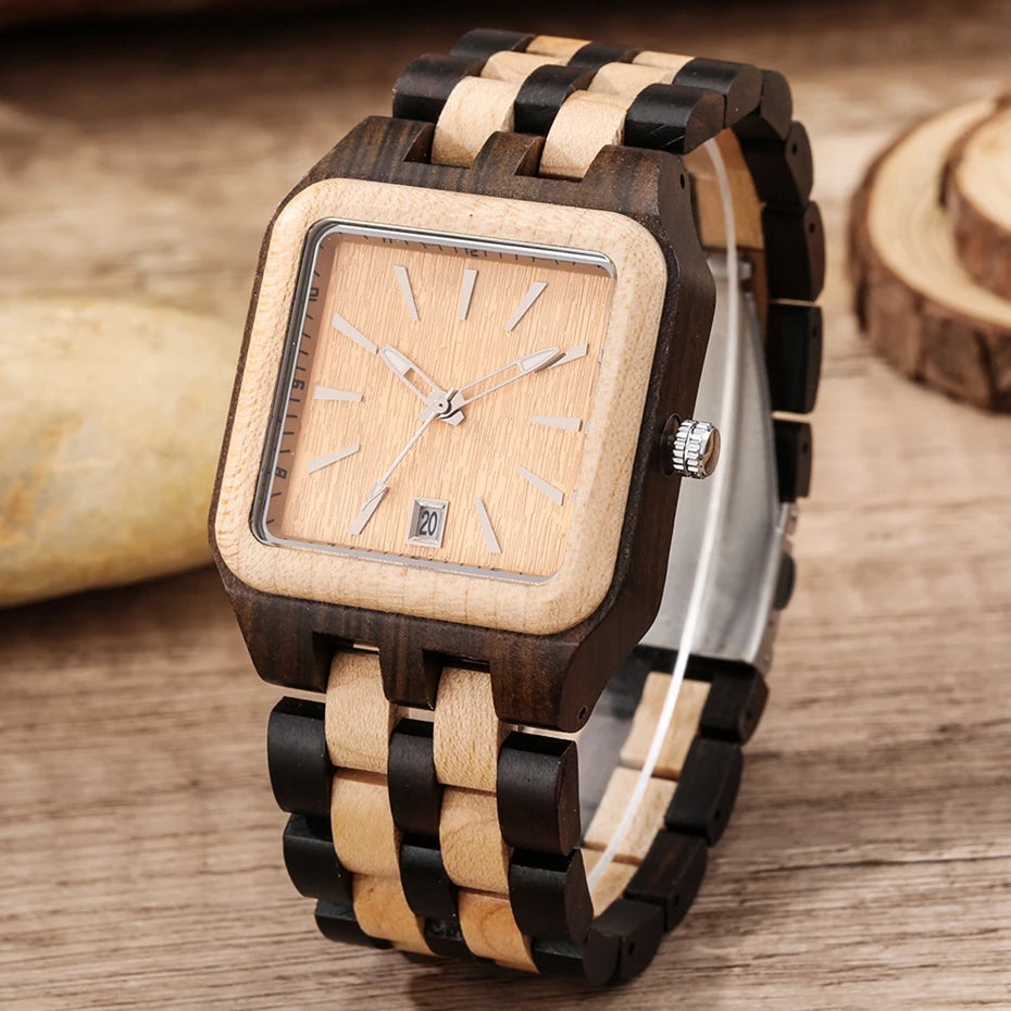 FBA Men's Retro Rectangle Wood Watch | Calendar Date Quartz Wristwatch