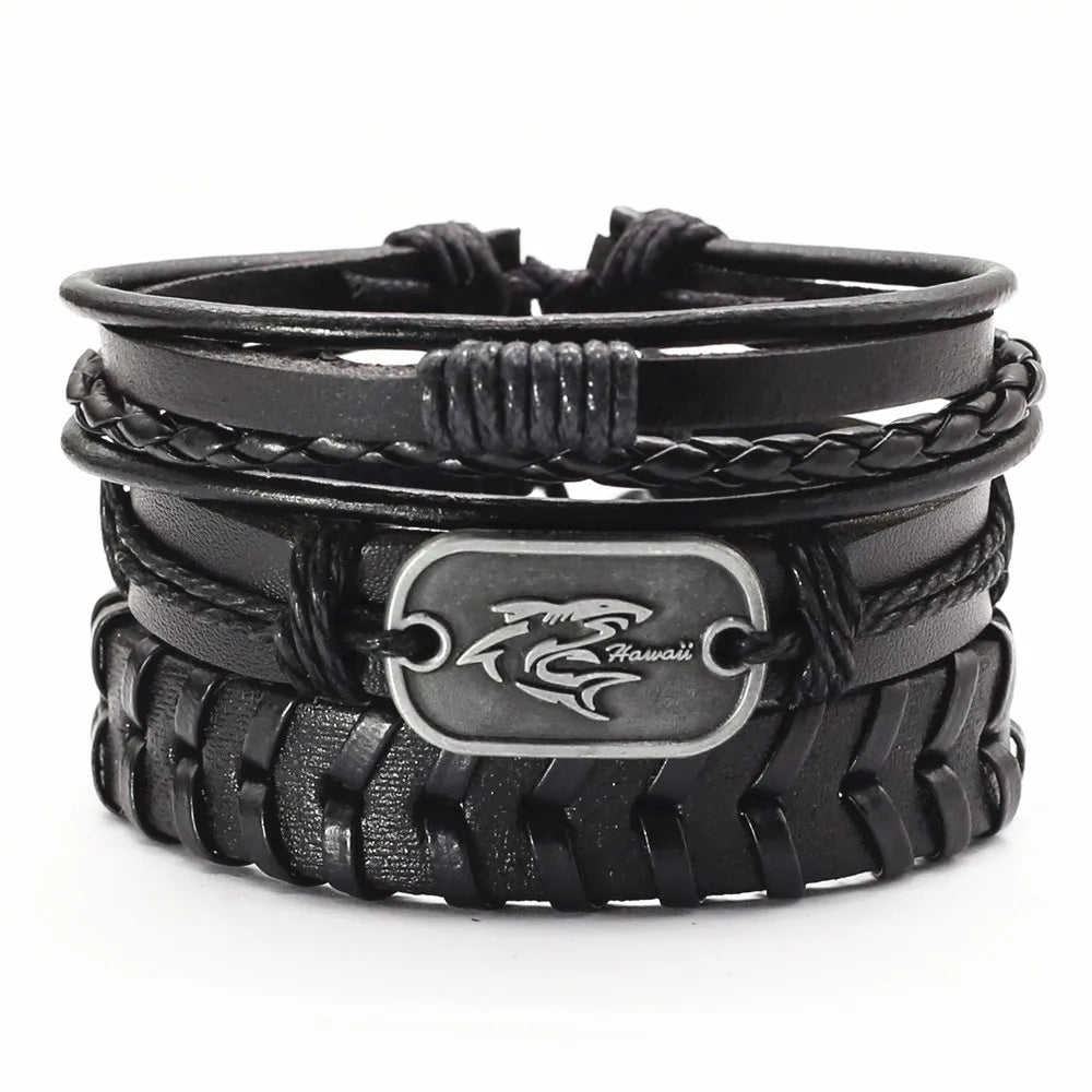 FBA 3-Piece Leather Wood Bead Feather Charm Bracelet | Boho Jewelry