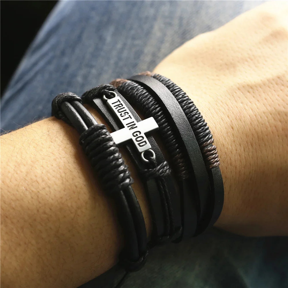 FBA 3-Piece Leather Wood Bead Feather Charm Bracelet | Boho Jewelry