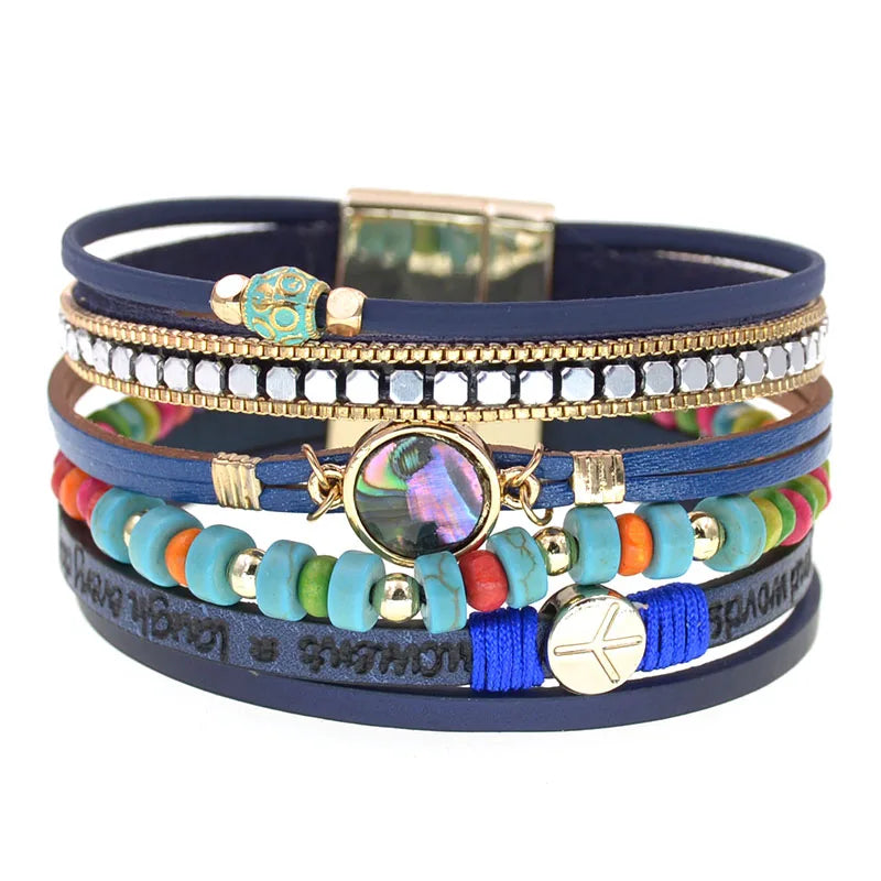 FBA Bohemia Beaded Leather Charm Bracelet for Women | Wide Bangle Jewelry