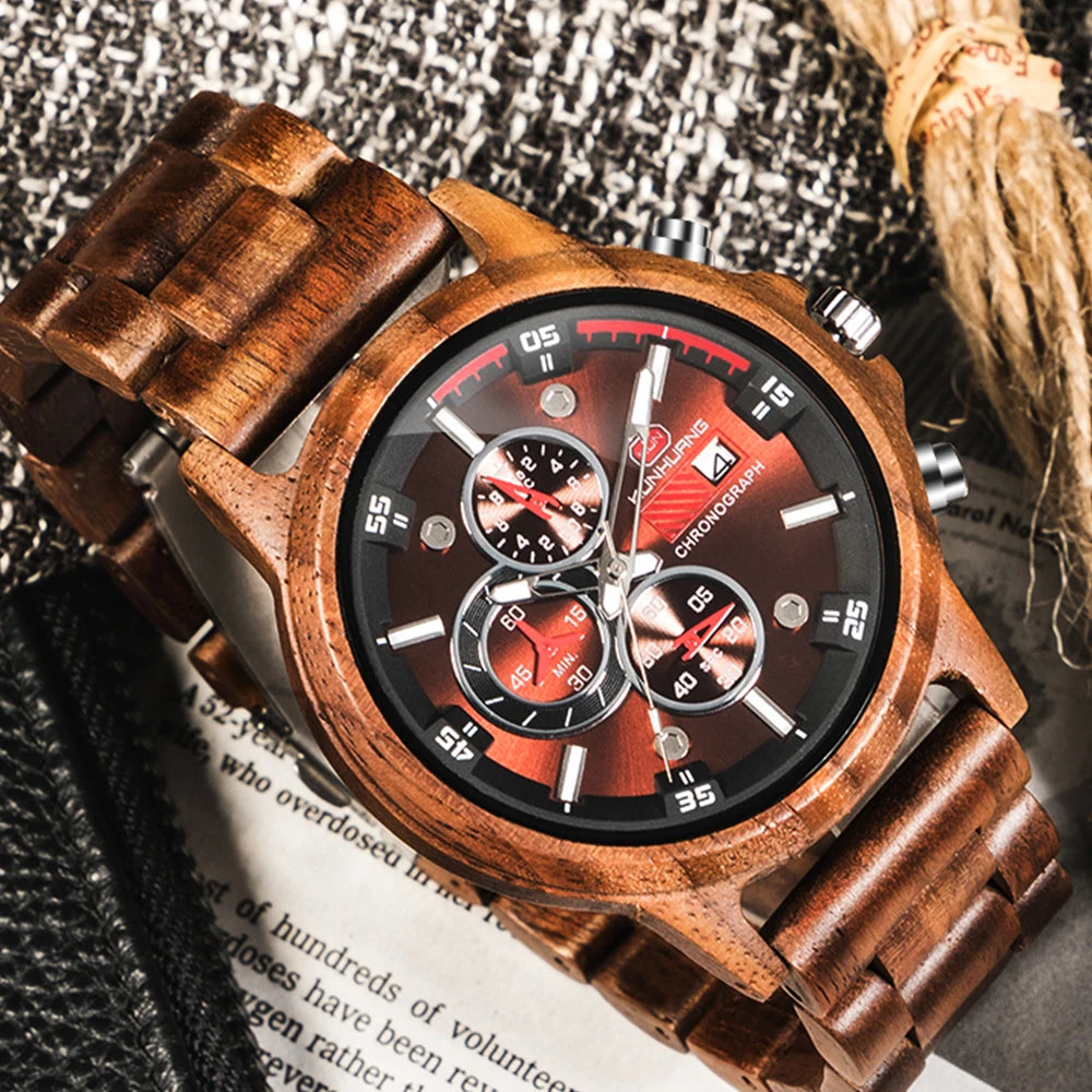 FBA Men's Sport Military Chronograph Wood Watch | Luxury Quartz Wristwatch