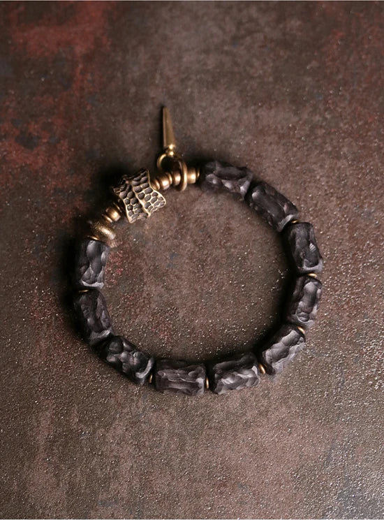 FBA Handcarved Ebony Bead Punk Rock Bracelet | Brass Charm Jewelry