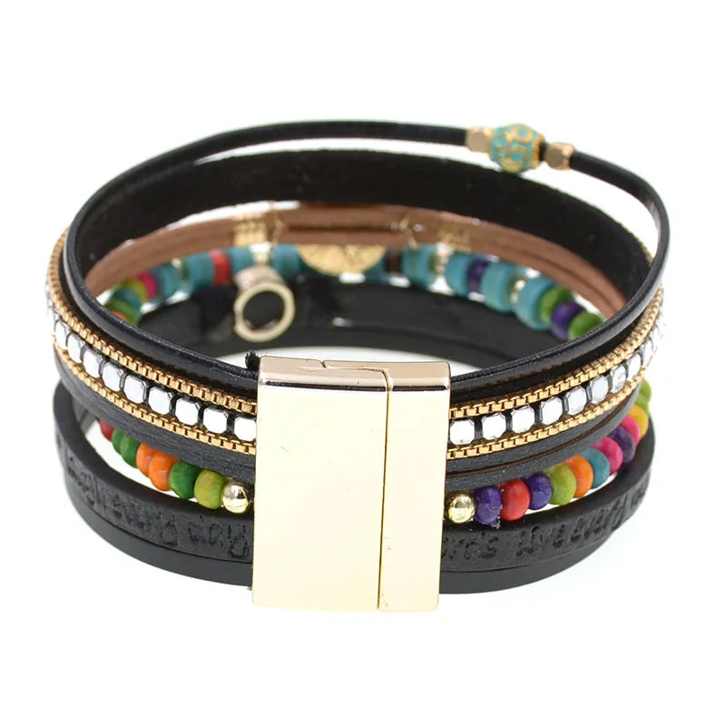 FBA Bohemia Beaded Leather Charm Bracelet for Women | Wide Bangle Jewelry