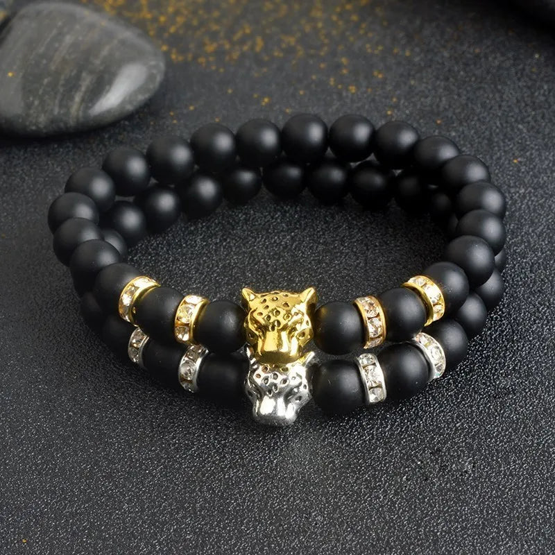 FBA Lava Stone Leopard Panther Charm Bracelet | Men's Jewelry