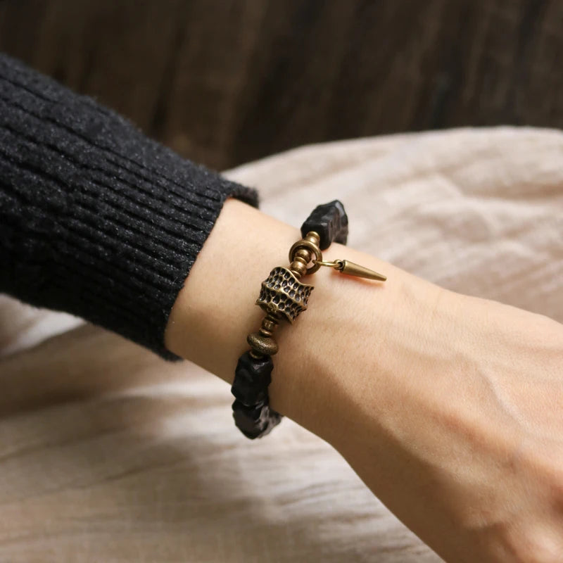 FBA Handcarved Ebony Bead Punk Rock Bracelet | Brass Charm Jewelry