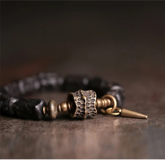 FBA Handcarved Ebony Bead Punk Rock Bracelet | Brass Charm Jewelry