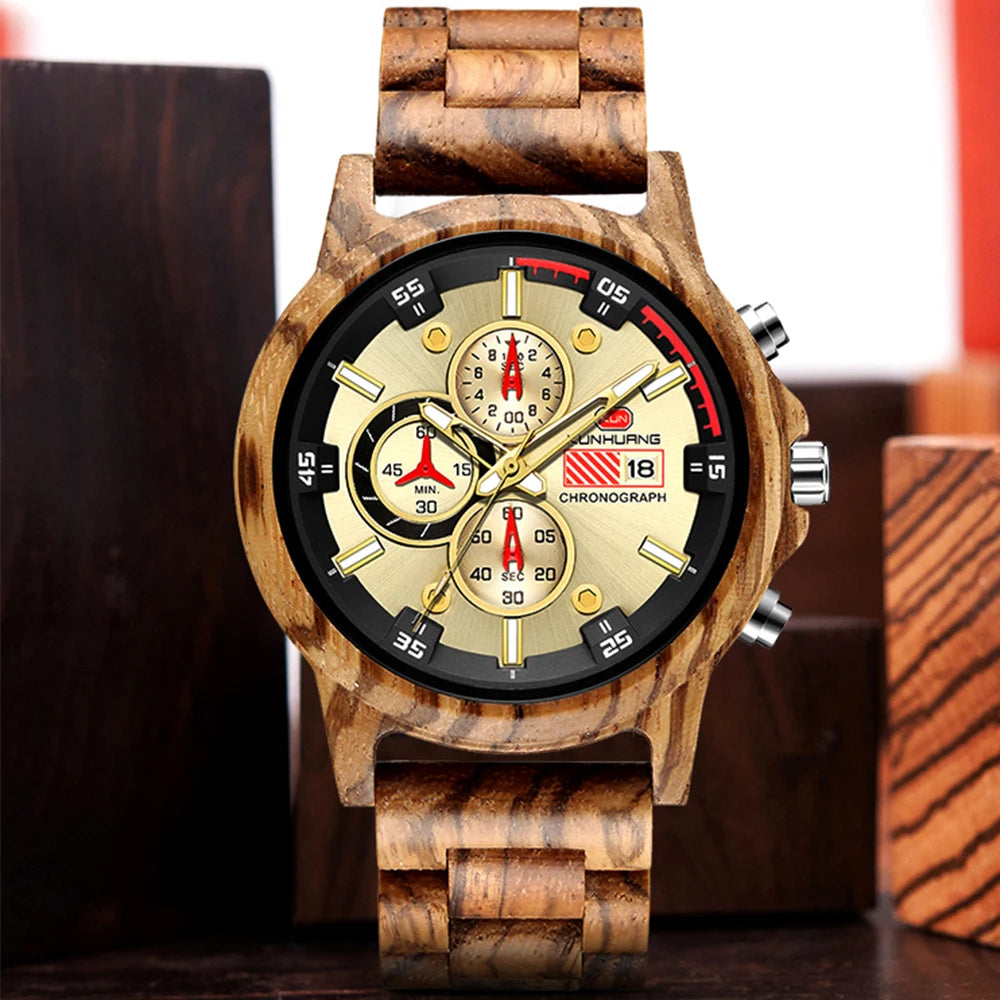 FBA Men's Sport Military Chronograph Wood Watch | Luxury Quartz Wristwatch