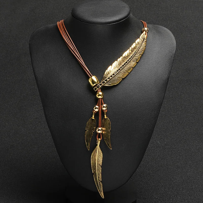 FBA Bohemian Feather Pendant Necklace | Vintage Rope Chain Jewelry