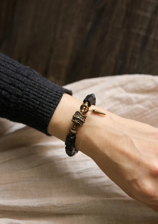 FBA Handcarved Ebony Bead Punk Rock Bracelet | Brass Charm Jewelry