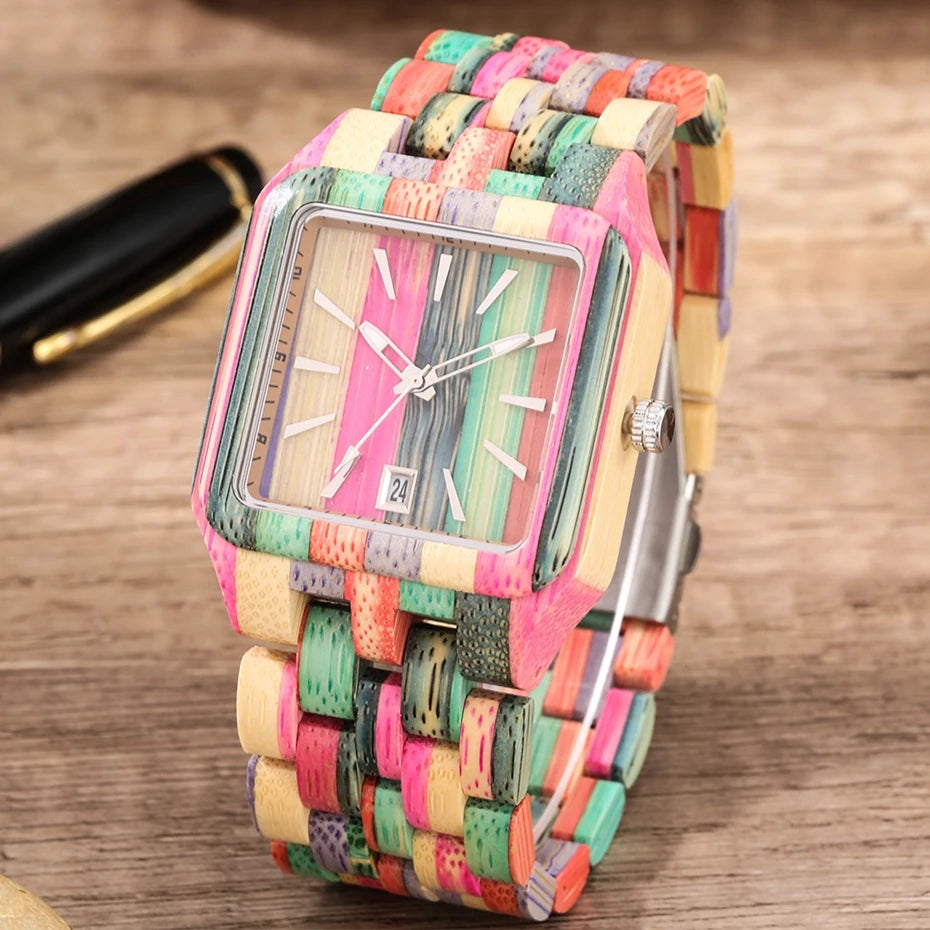 FBA Men's Retro Rectangle Wood Watch | Calendar Date Quartz Wristwatch