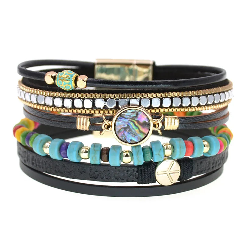 FBA Bohemia Beaded Leather Charm Bracelet for Women | Wide Bangle Jewelry