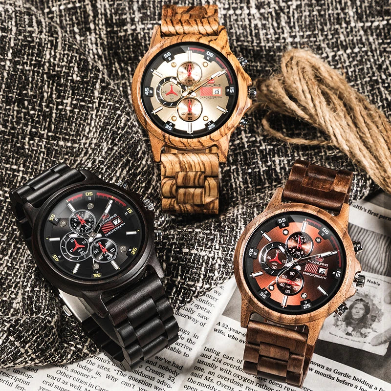 FBA Men's Sport Military Chronograph Wood Watch | Luxury Quartz Wristwatch