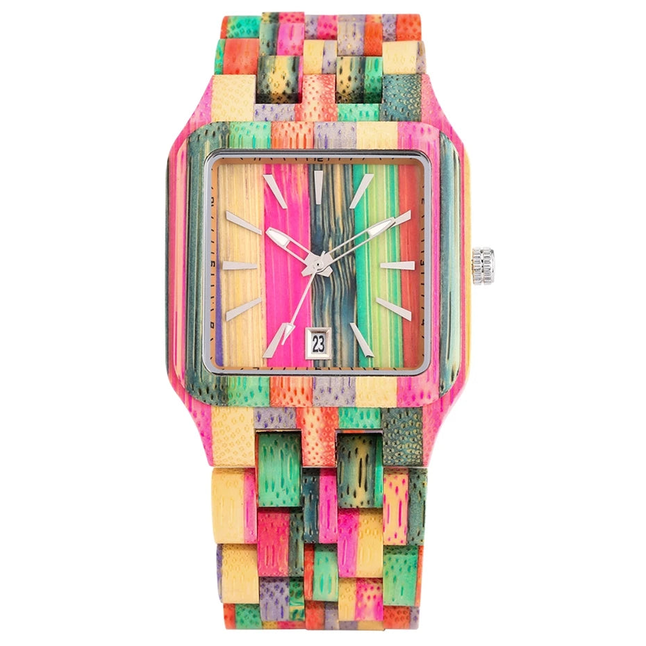 FBA Men's Retro Rectangle Wood Watch | Calendar Date Quartz Wristwatch