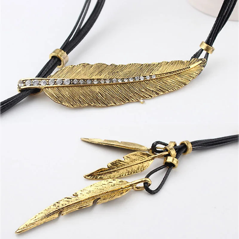 FBA Bohemian Feather Pendant Necklace | Vintage Rope Chain Jewelry