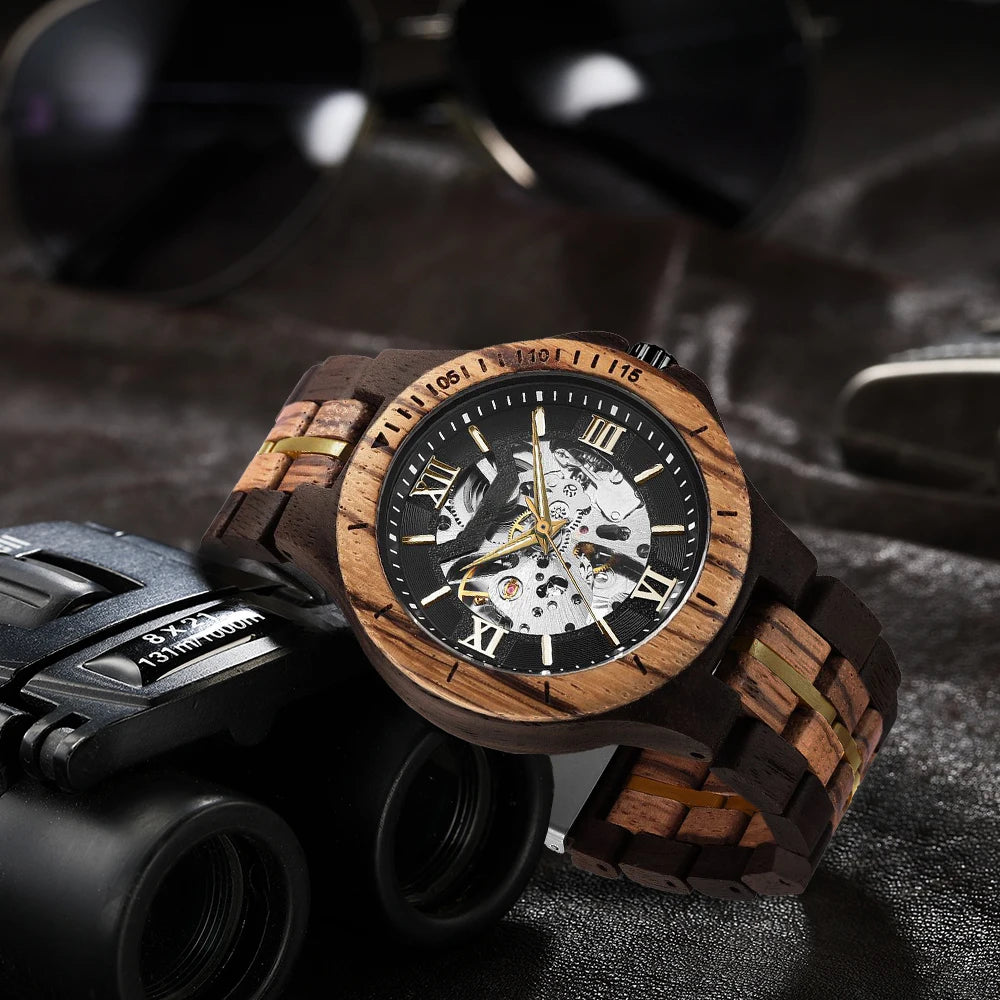 FBA Men's Skeleton Mechanical Wood Watch | Automatic Luxury Wooden Wristwatch