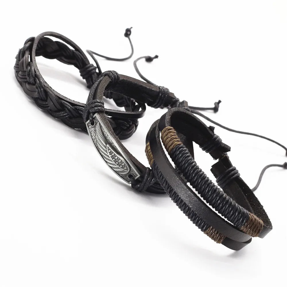 FBA 3-Piece Leather Wood Bead Feather Charm Bracelet | Boho Jewelry