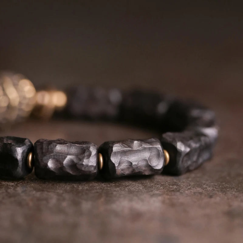 FBA Handcarved Ebony Bead Punk Rock Bracelet | Brass Charm Jewelry