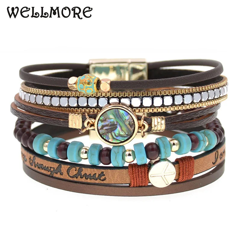FBA Bohemia Beaded Leather Charm Bracelet for Women | Wide Bangle Jewelry