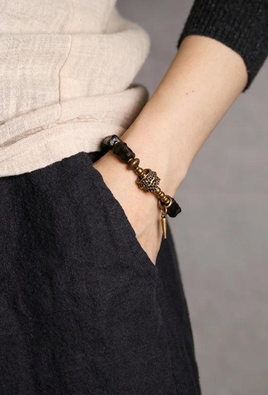FBA Handcarved Ebony Bead Punk Rock Bracelet | Brass Charm Jewelry