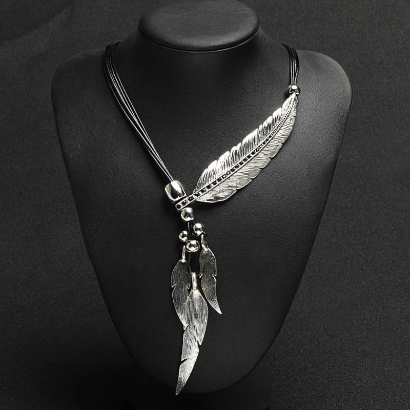 FBA Bohemian Feather Pendant Necklace | Vintage Rope Chain Jewelry