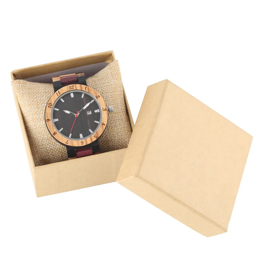 FBA Men's Natural Wood Quartz Watch | Calendar Display Wooden Wristwatch