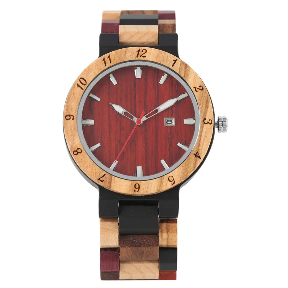 FBA Men's Natural Wood Quartz Watch | Calendar Display Wooden Wristwatch