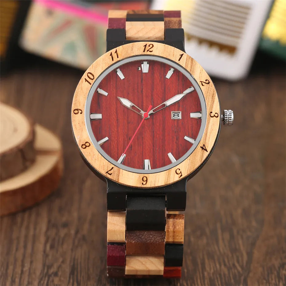 FBA Men's Natural Wood Quartz Watch | Calendar Display Wooden Wristwatch