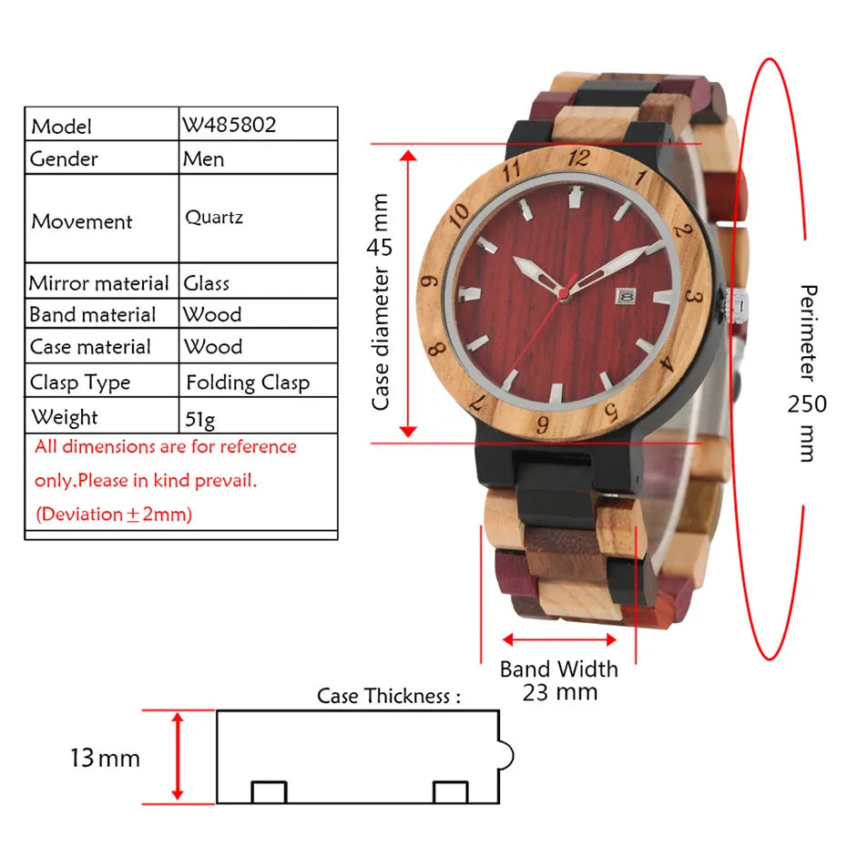FBA Men's Natural Wood Quartz Watch | Calendar Display Wooden Wristwatch